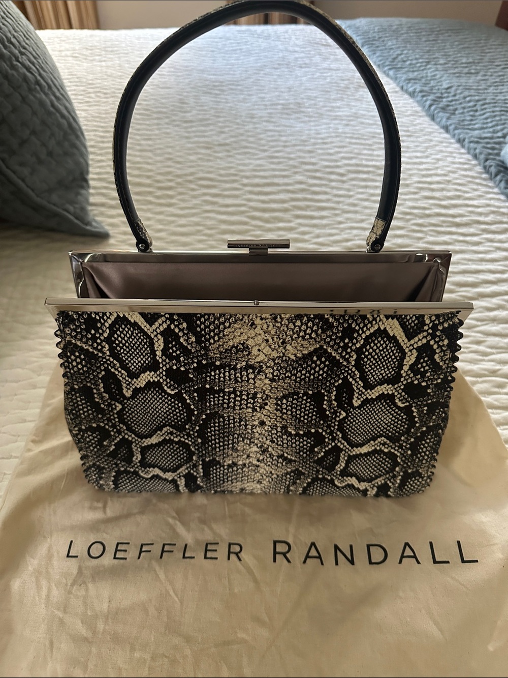Loeffler Randall Black and White Snake-Print Frame Mini Bag